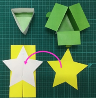 テープで留めて三角を成形星を貼り付ける